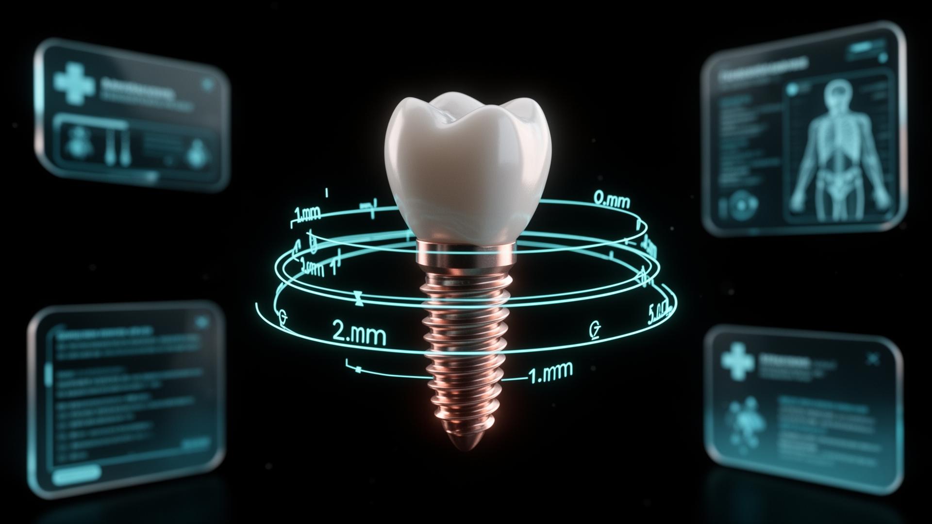 Implant dentaire 3D premium avec couronne céramique, anneaux cyan holographiques et panneaux médicaux glassmorphism