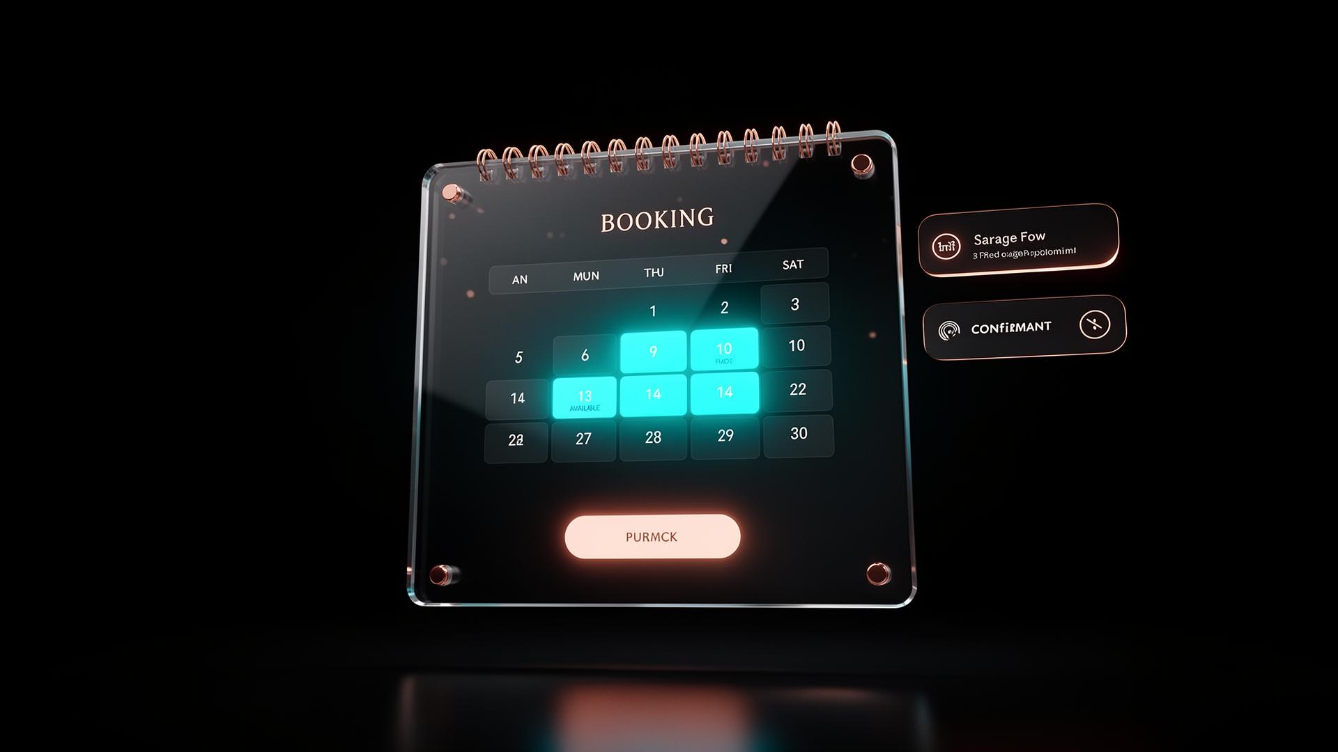 Interface premium de prise de rendez-vous en ligne avec calendrier glassmorphism, CTA cyan lumineux et notifications rose gold