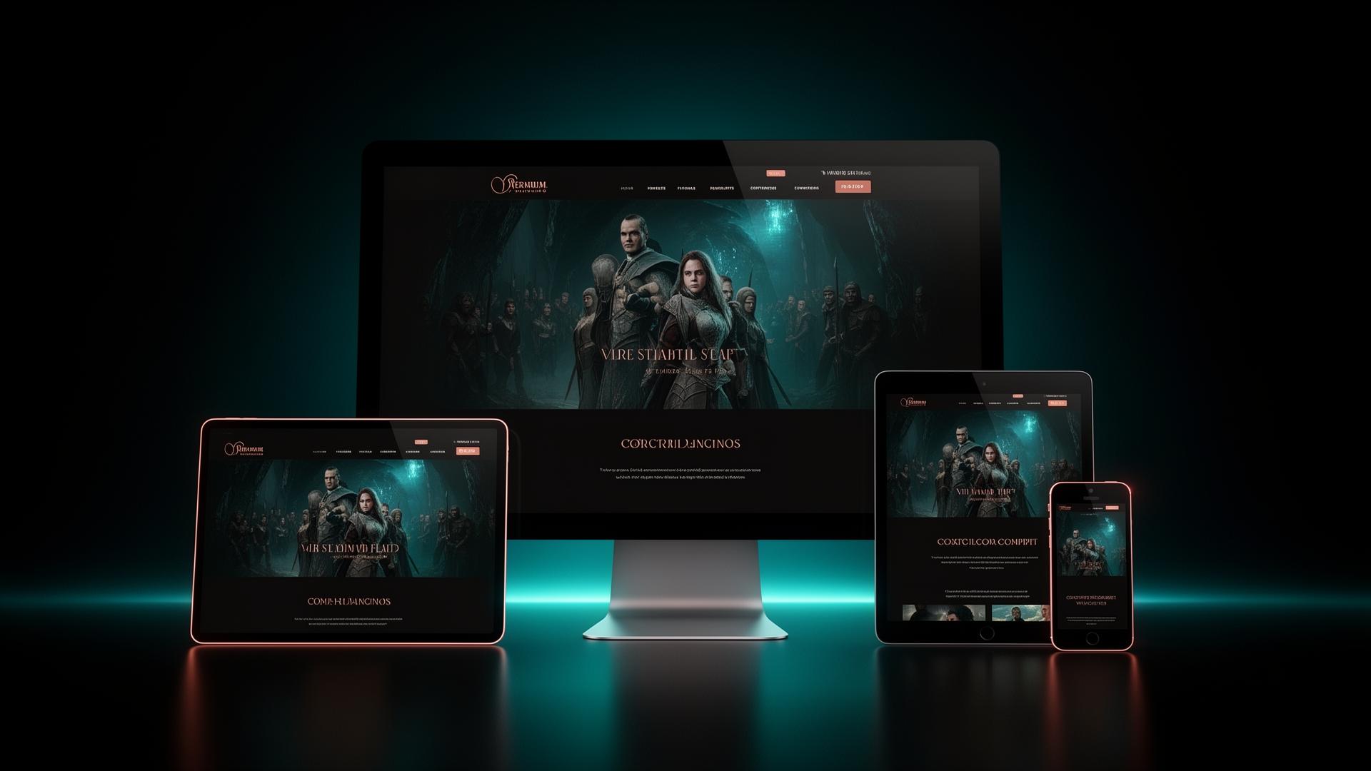Mockups desktop tablette et mobile d'une landing page premium responsive avec ambiance cinématique
