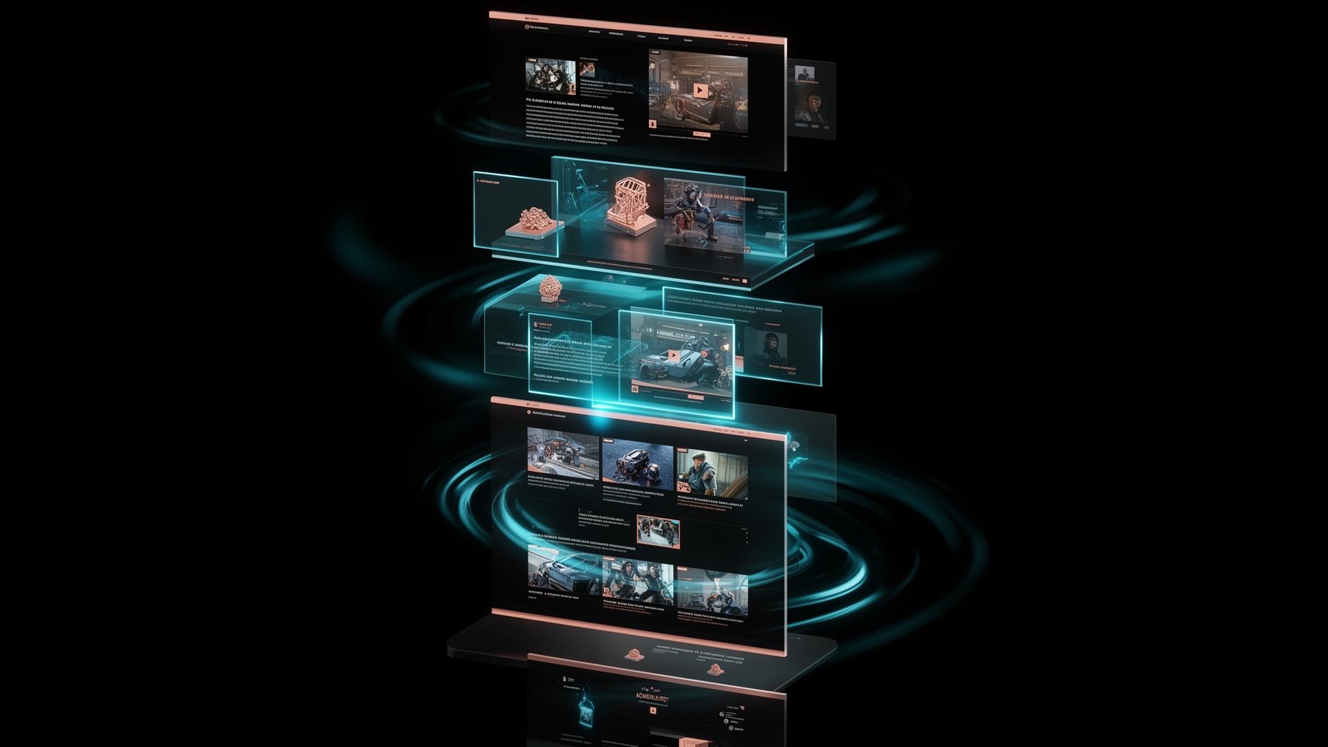 Composition cinématique de scrollytelling premium avec sections superposées et flux cyan
