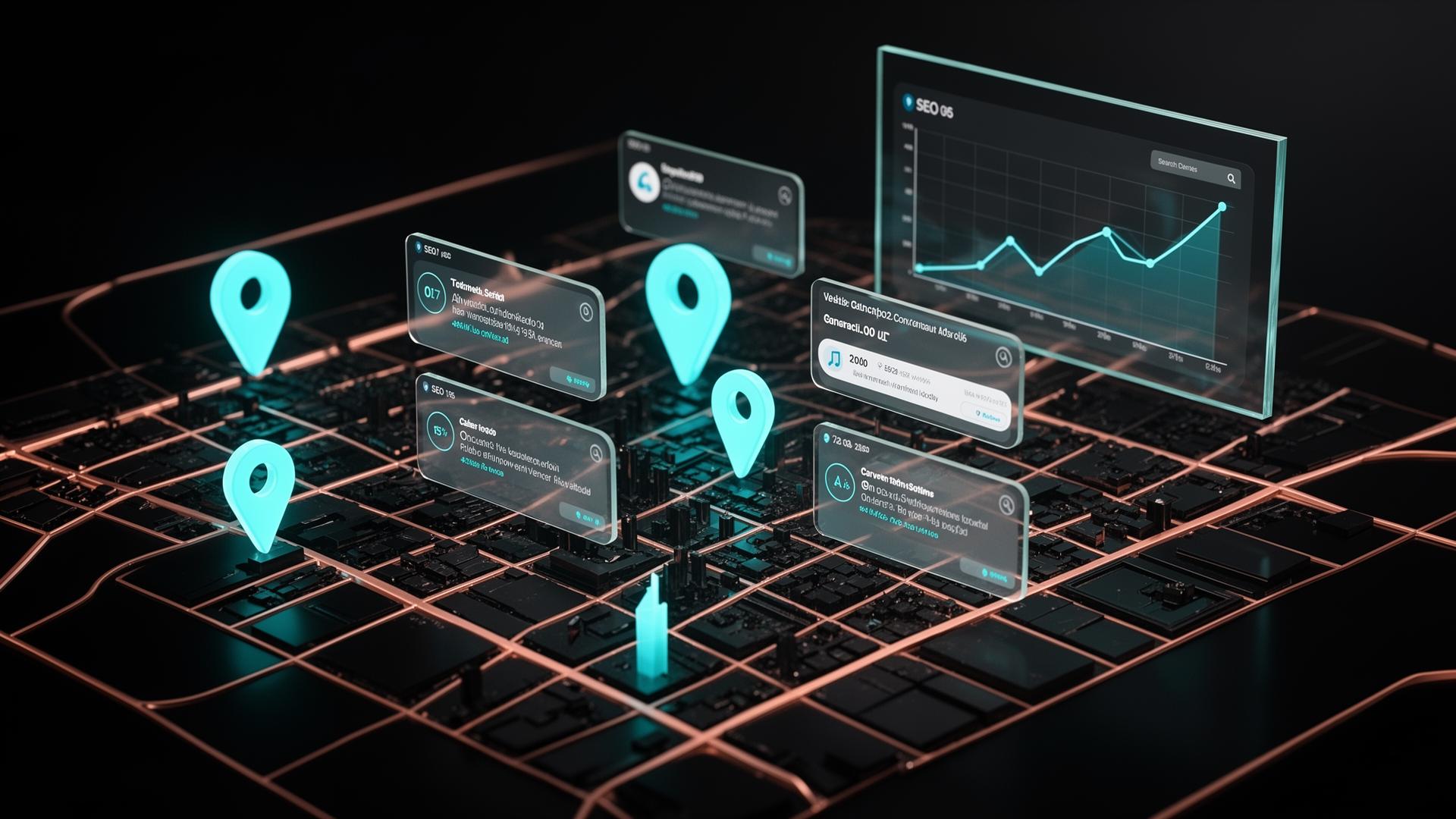 Carte locale stylisée 3D avec pins cyan, panneaux glassmorphism et dashboard SEO premium