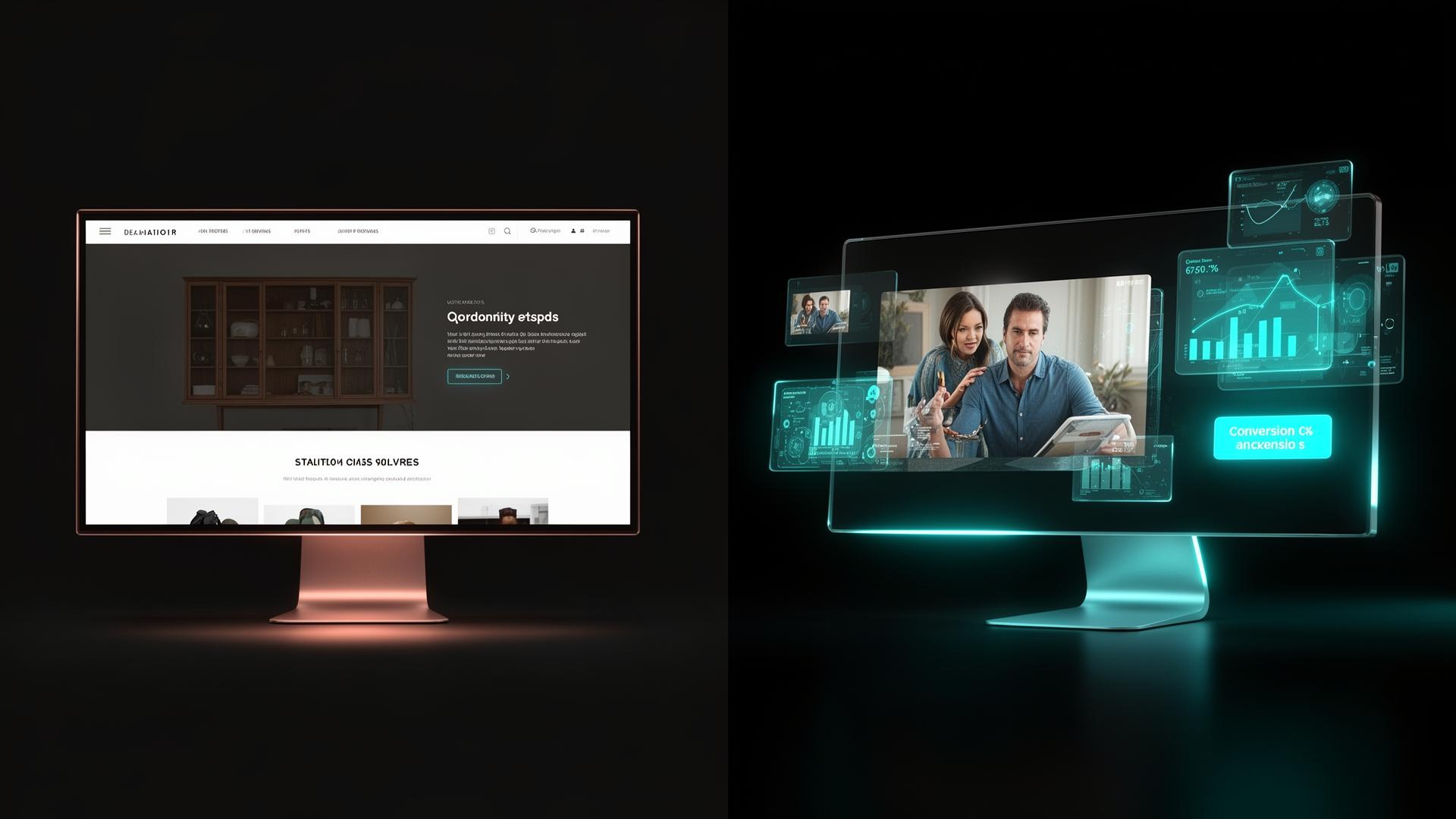 Comparaison split premium entre site vitrine classique et expérience digitale immersive avec dashboard et 3D