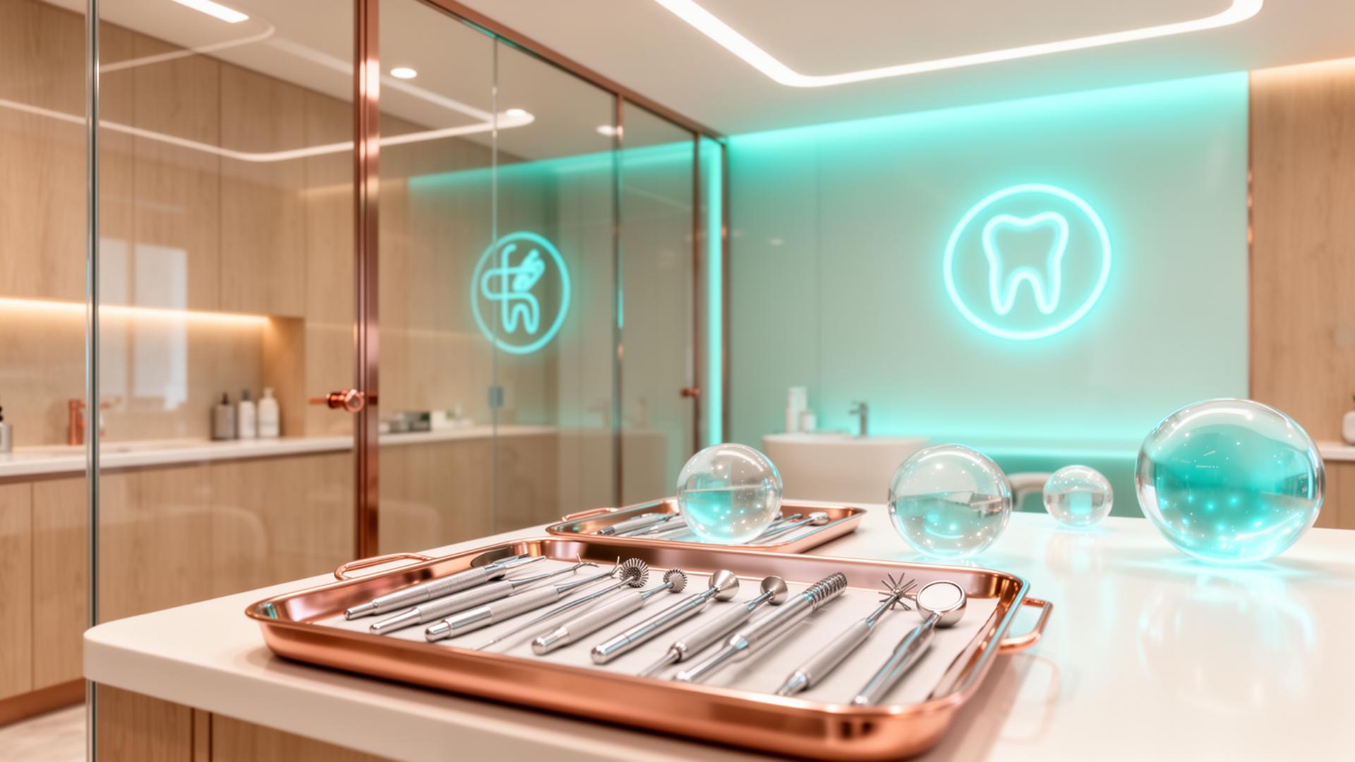 Cabinet dentaire premium avec bois clair, instruments stériles élégamment présentés et lumière médicale douce cyan