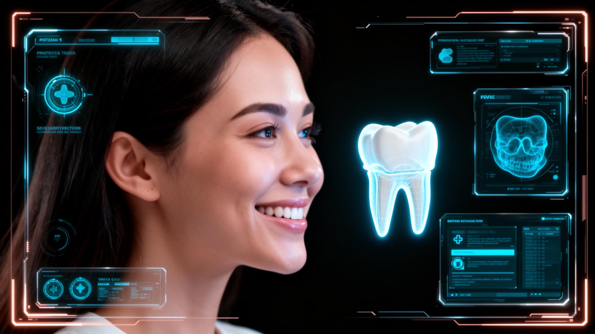 Patiente souriante avec scan holographique cyan de sourire et visualisation 3D d'un traitement dentaire